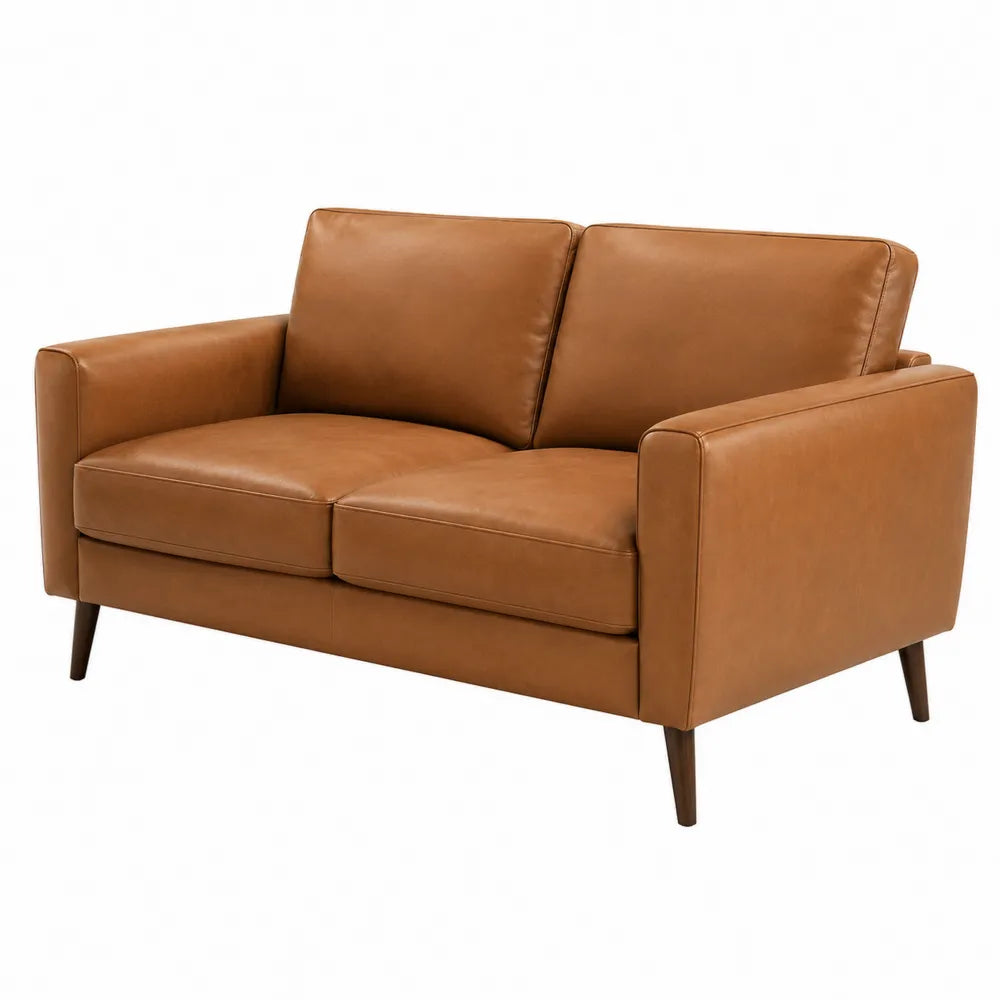 Sofa dwuosobowa skórzana brązowa z drewnianymi nogami