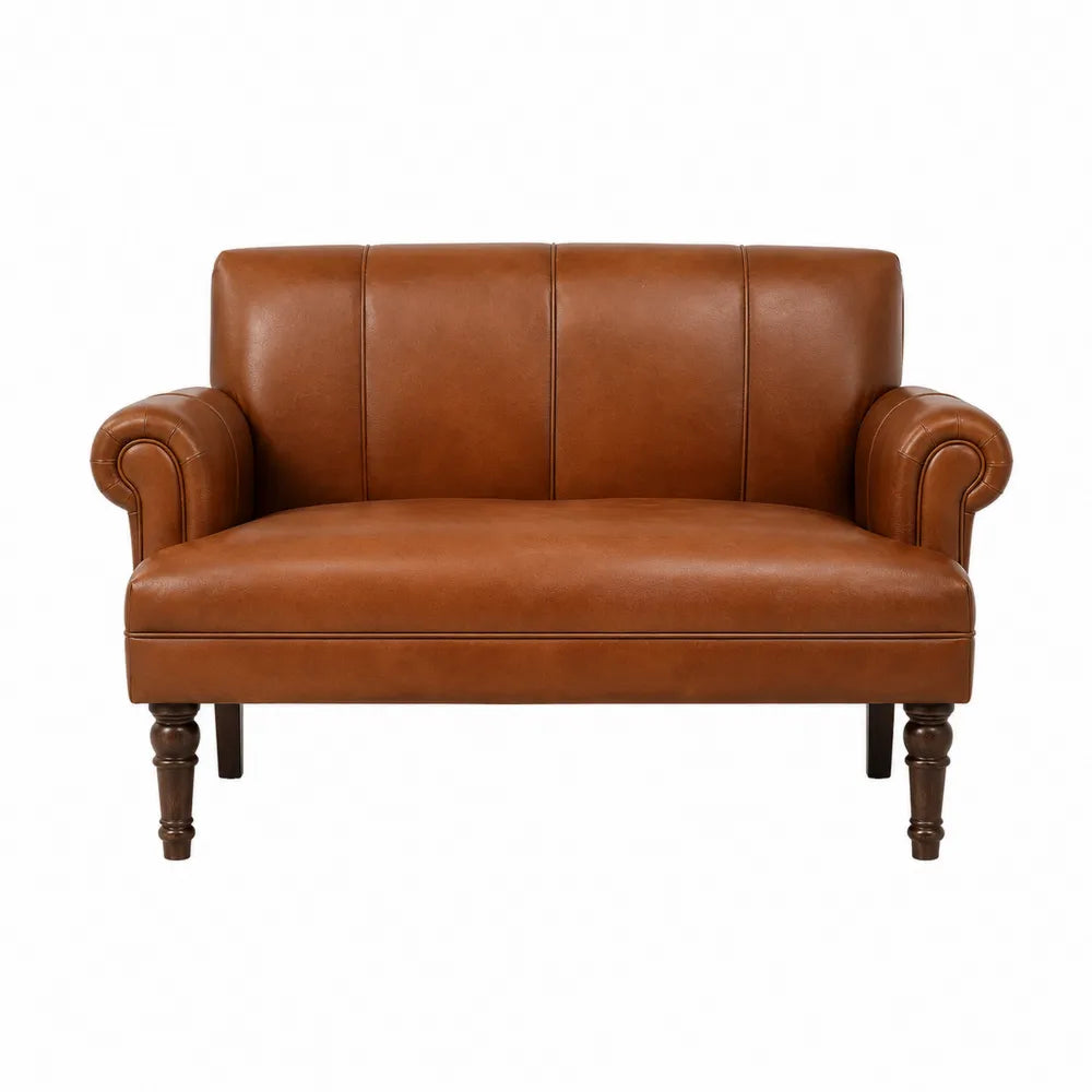 Sofa dwuosobowa z brązowej skóry PU z drewnianymi nogami