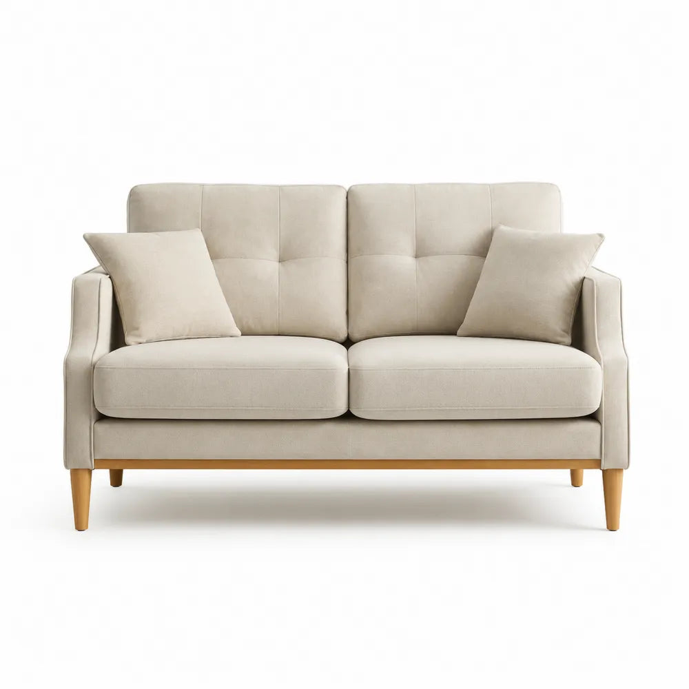 Beżowa sofa dwuosobowa z poliestru z drewnianymi nogami