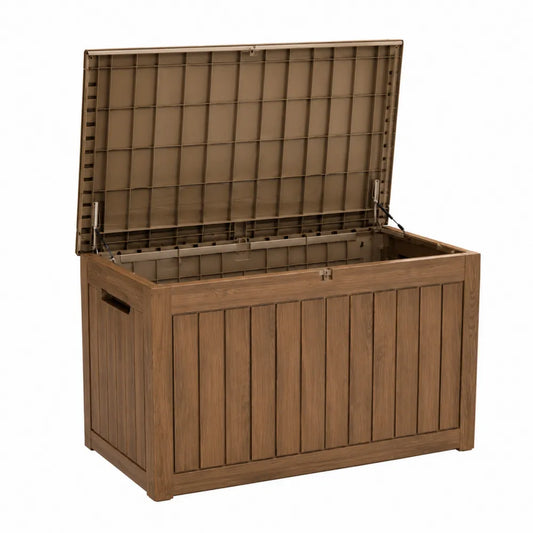 Skrzynia ogrodowa z polipropylenu o wyglądzie drewna 117x45x57 cm brązowa