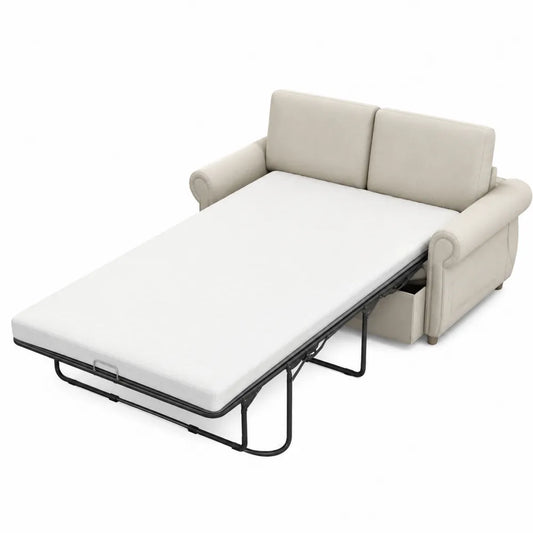 Sofa rozkładana z ekoskóry i metalu beżowa