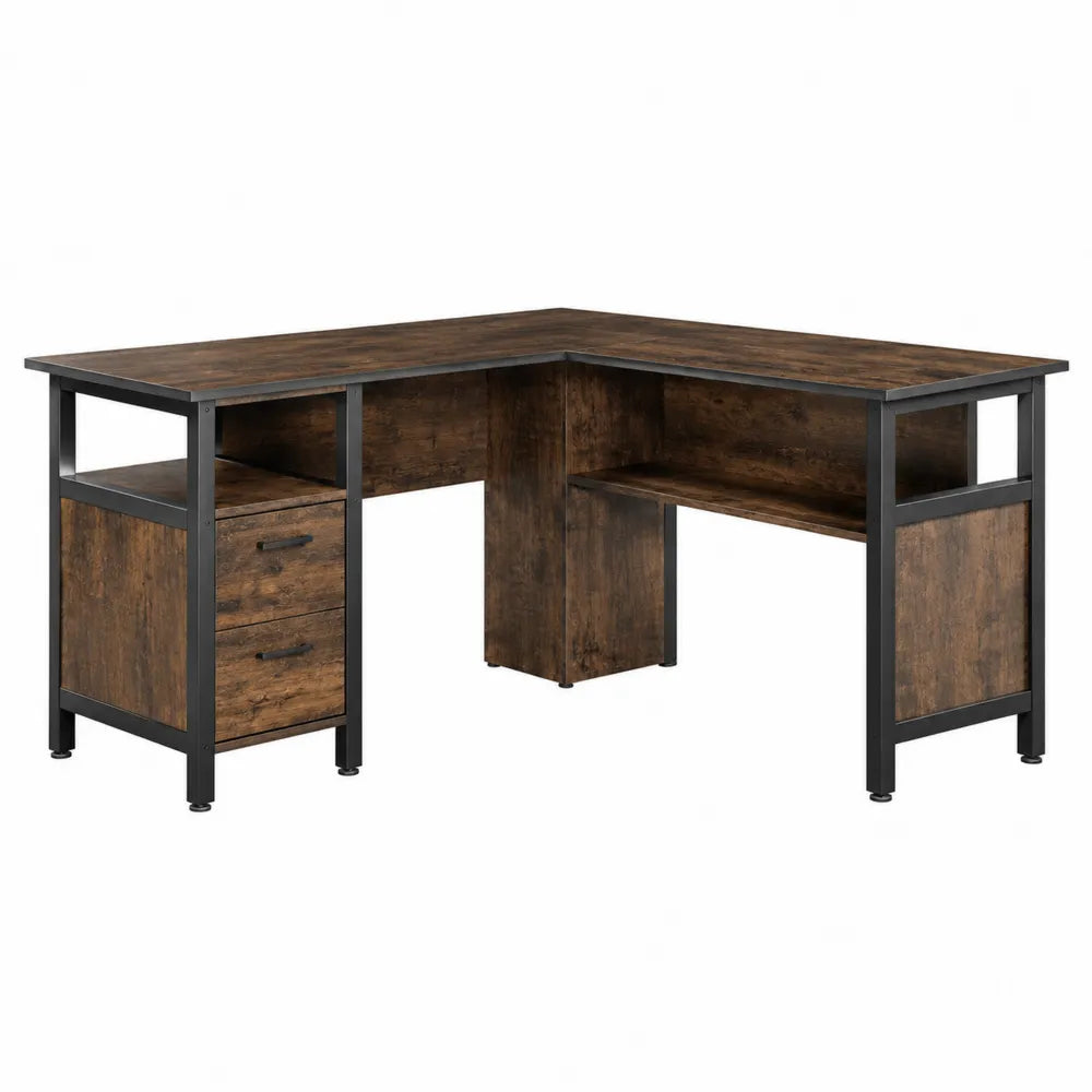 Biurko narożne MDF stalowe z szufladami 150x120x75 cm ciemne drewno/czarny