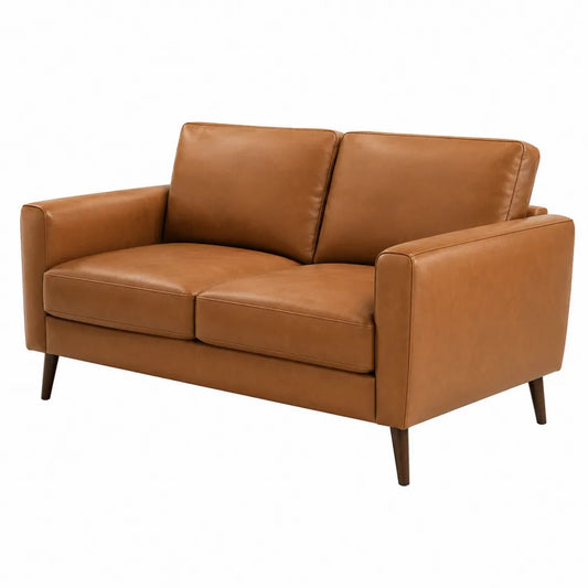 Sofa dwuosobowa skórzana brązowa z drewnianymi nogami